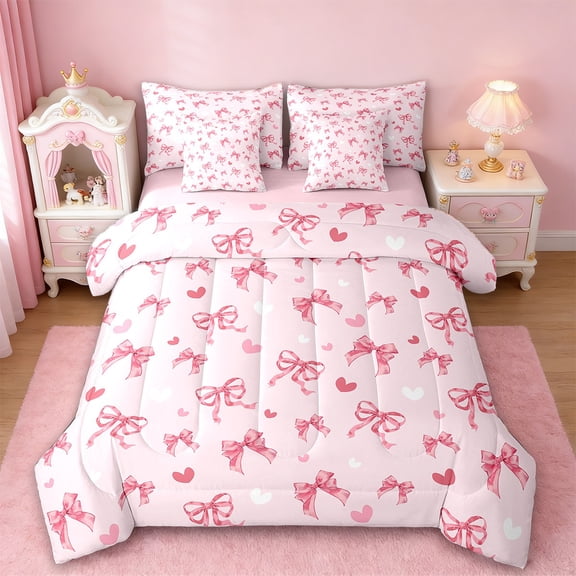 Erosebridal Cute Bowknot Bedding Sets Twin Size,Ribbon Bowtie Comforter Sets with Sheets,Pink Heart Print Bed in a Bag Twin Size Fot Girls,Ultra Soft Bedroom Decoration Reversible,7-Piece