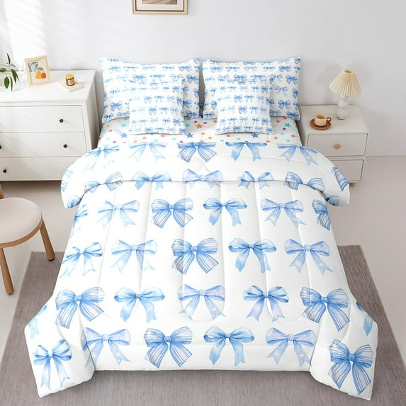 Erosebridal Cute Bowknot Bedding Sets Twin Size,Stars Print Comforter Sets with Sheets,Blue White Bed in a Bag Twin Size For Girls,Breathable Bedroom Decor Reversible,7-Piece