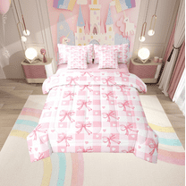 Erosebridal Cute Bowknot Bedding Twin Size,Ribbon Bowtie Bedding Twin Size,White Pink Plaid Heart Bedding Sets Twin Size For Princess,Microfiber Bedroom Decor Reversible,7pcs