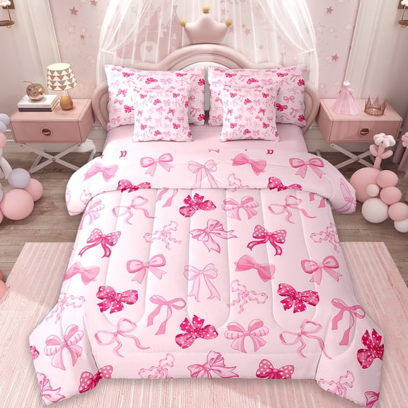 Erosebridal Cute Bowknot Bedding Twin Size,Ribbon Bowtie Comforter Sets with Sheets,Pink Dot Print Bedding Sets Twin Size For Girls,Ultra Soft Bedroom Decoration Reversible,7pcs