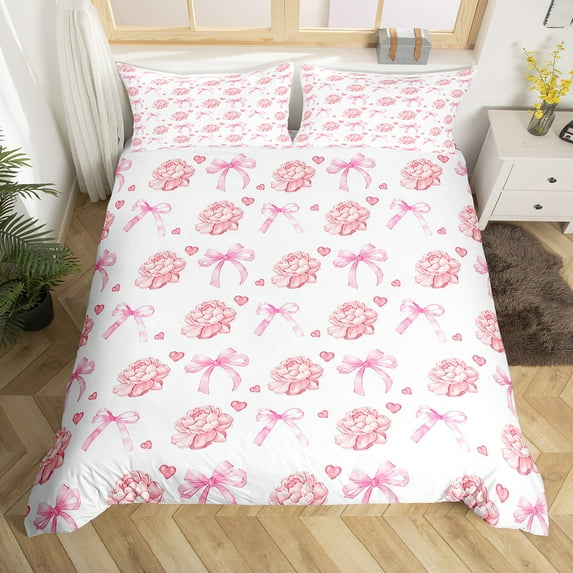 Erosebridal Cute Bowknot Comforter Cover Queen,Plant Floral Comforter Cover Queen,Pink Heart Print Duvet Cover Queen For Princess,Microfiber Bedroom Decor Reversible,3-Piece(No Comforter)