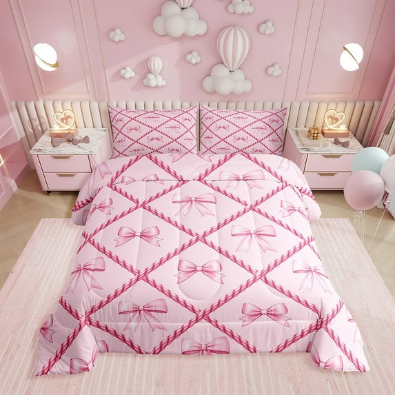 Erosebridal Cute Bowknot Comforter Sets Queen Size,Pink Buffalo Comforters Duvets,Bedroom Decor,Reversible