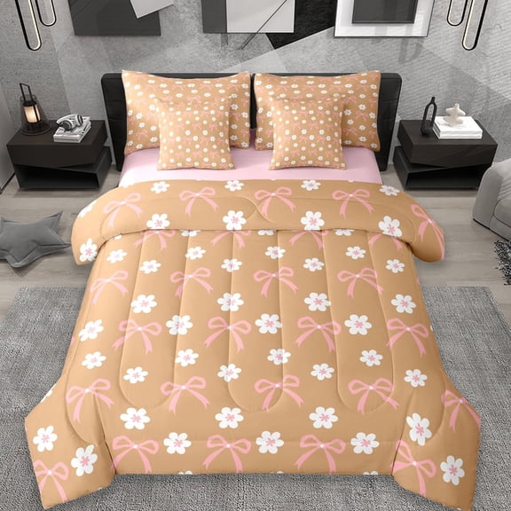 Erosebridal Cute Bowknot Daisy 7-Piece Twin Bedding Sets,Cartoon Flowers Blossom Bedding Comforter Set For Girls Kids,Orange White Pink,Reversible