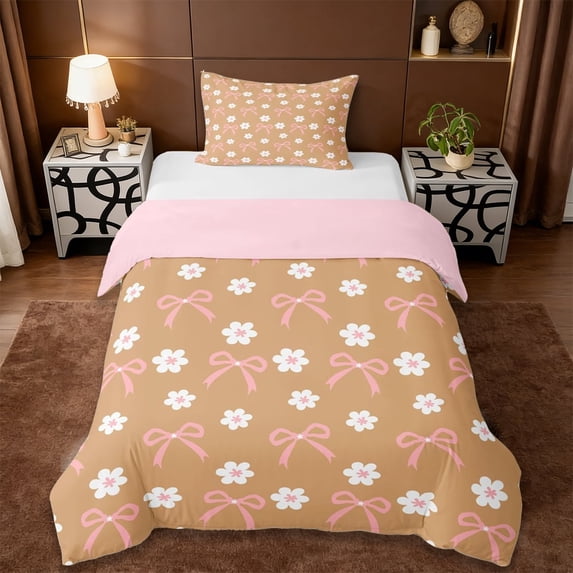 Erosebridal Cute Bowknot Daisy Twin Bedding,Cartoon Flowers Blossom Duvet Cover Set For Girls Kids,Orange White Pink 2 Pieces,No Comforter,Reversible