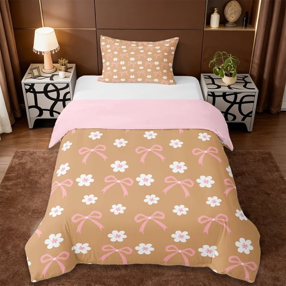 Erosebridal Cute Bowknot Daisy Twin Bedding,Cartoon Flowers Blossom Duvet Cover Set For Girls Kids,Orange White Pink 2 Pieces,No Comforter,Reversible