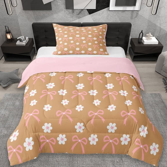 Erosebridal Cute Bowknot Daisy Twin Comforter Sets,Cartoon Flowers Blossom Bedding Set For Girls Kids,Orange White Pink, Reversible 2 Pieces