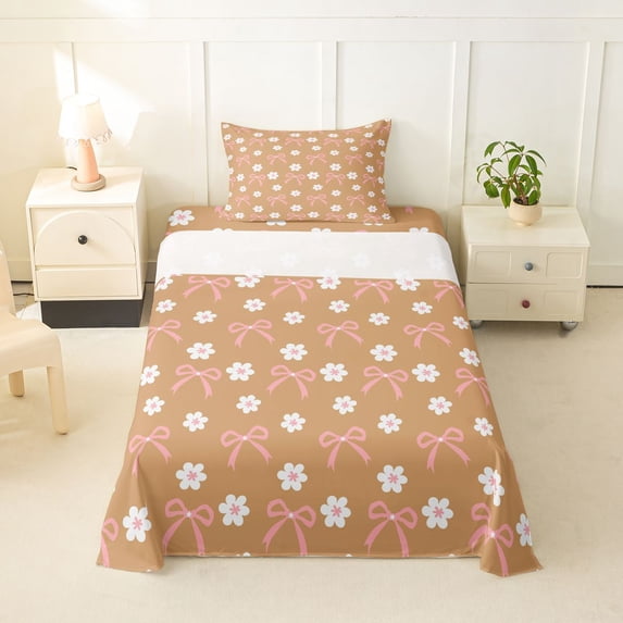 Erosebridal Cute Bowknot Daisy Twin Sheet Sets,Cartoon Flowers Blossom Bedding For Girls Kids,Orange White Pink 3 Pieces