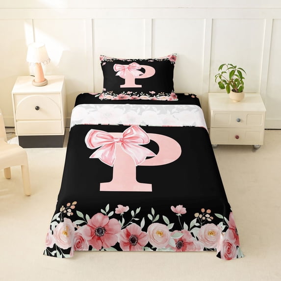 Erosebridal Cute Bowknot Floral Twin Sheet Sets, Black Pink Initial P Bedding, 3-Piece