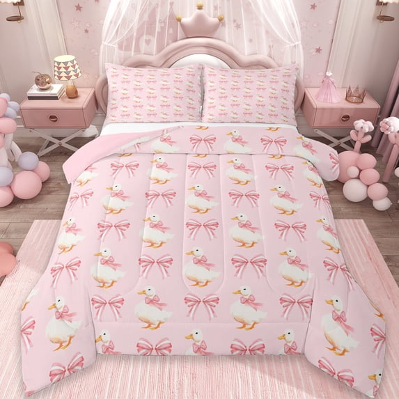 Erosebridal Cute Bowknot Full Size Comforter Sets,Farm Animal Kawaii Duck Bedding Sets For Girls, Reversible 3 Pieces