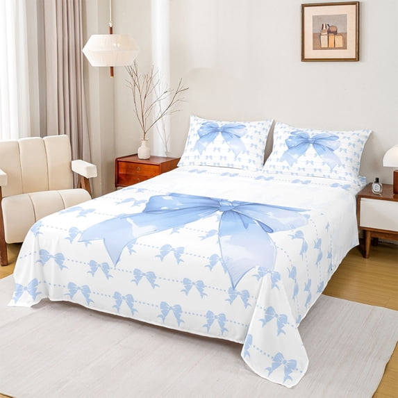 Erosebridal Cute Bowknot Full Size Sheets for Girls, Blue Ribbon Bed Sheets, 1 Flat Sheet, 1 Fitted Sheet and 2 Pillowcases