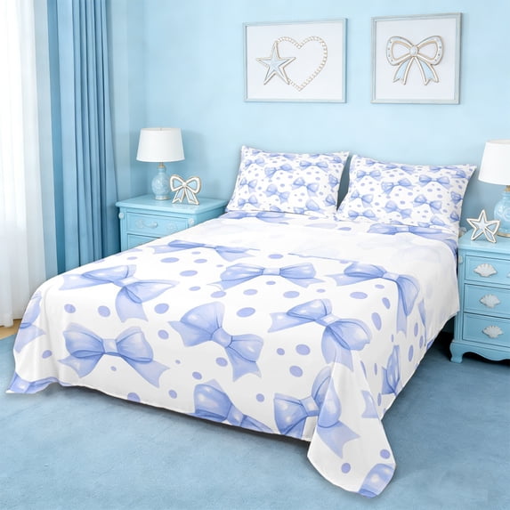 Erosebridal Cute Bowknot Kids Full Size Sheets,Blue Polka Dot Print Bed Sheets For Girls 4pcs