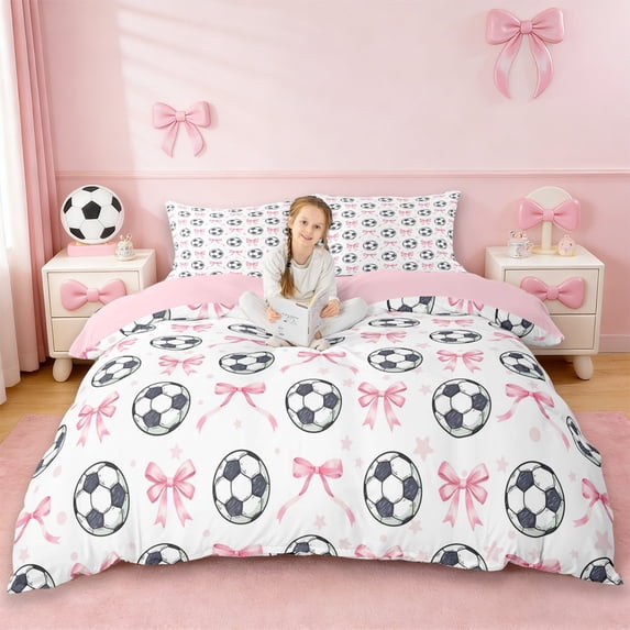 Erosebridal Cute Bowknot Queen Duvet Cover Set For Bowtie Girls,Football Print Sport Games Bedding For Kids,Reversible Pink 3 Pieces,No Comforter