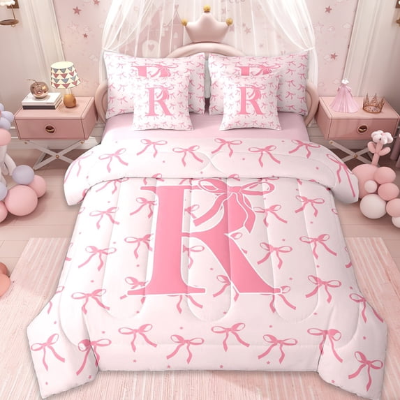 Erosebridal Cute Bowknot Ribbon 7-Piece Bedding Comforter Set,Pink Letter R Monogrammed King Bedding Sets For Girls Kids,Pink Reversible