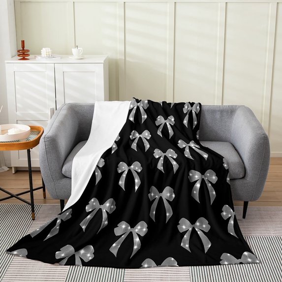 Erosebridal Cute Bowknot Throw Blanket, Kawaii Bow Tie Flannel Blanket, Black Grey Blanket 30x40, Glitter Stars Print Room Decor