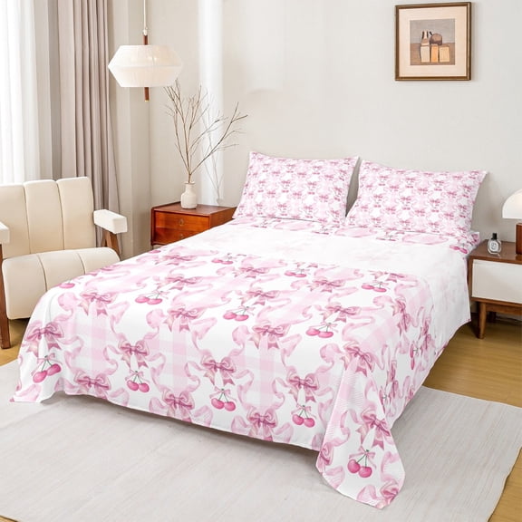 Erosebridal Cute Bowknot Twin Sheet Sets,Ribbon Bowtie Bedding Twin Size,Pink Cherry Furit Bed Sheets Set Twin Size For Girls,Ultra Soft Bedroom Decoration,3-Piece