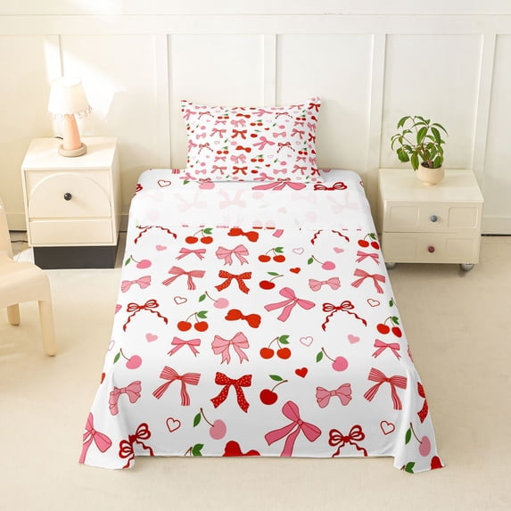 Erosebridal Cute Bowknot Twin Sheet Sets for Kid, Butterfly Knot Bedding, White Red, 3 Pieces