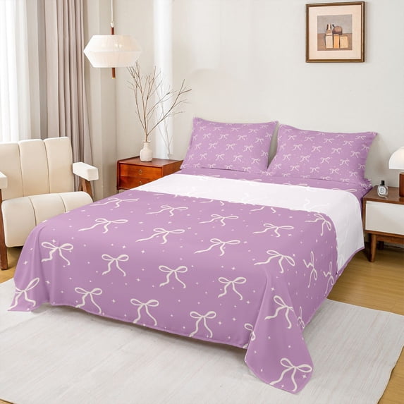 Erosebridal Cute Bowknots Bed Sheets,Kawaii Bowtie Girls King Sheets For Teens,Pink Purple 4-Piece