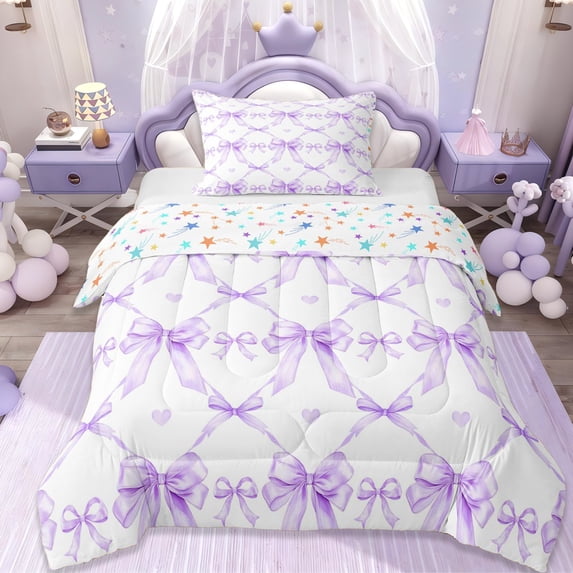Erosebridal Cute Bowknots Twin Comforter Sets For Girl Kids,Ribbon Bowtie Purple Bows Bedding Set, Reversible 2-Piece