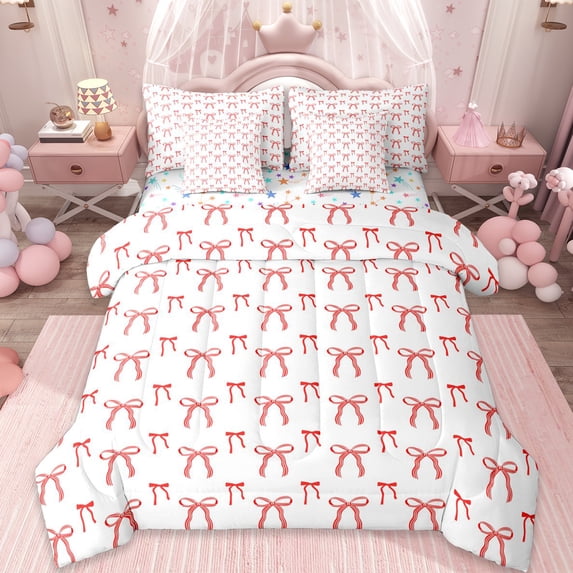 Erosebridal Cute Bows 7 Pieces Bedding Comforter Set For Girls,Bowknot Dreamy Princess Style Bowtie Full Bedding Set,Red White,Reversible