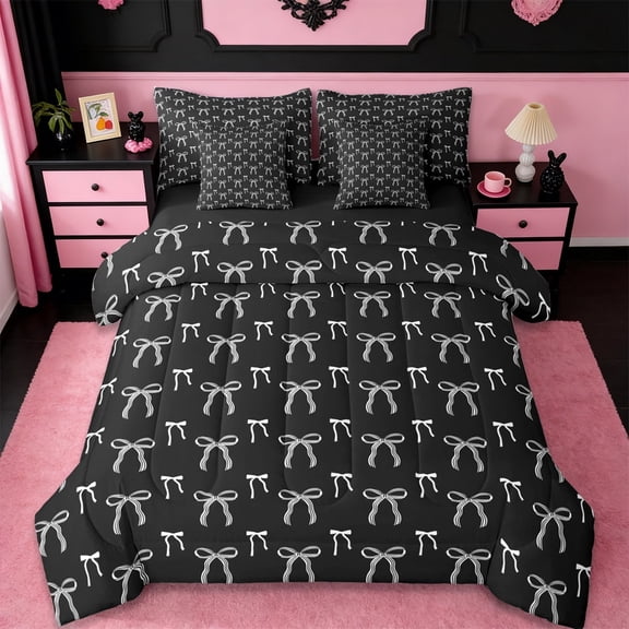 Erosebridal Cute Bows Bowtie 7-Piece Twin Bedding Sets For Kids,Cartoon Bowknot Pattern Bedding Comforter Set,White Black,Reversible