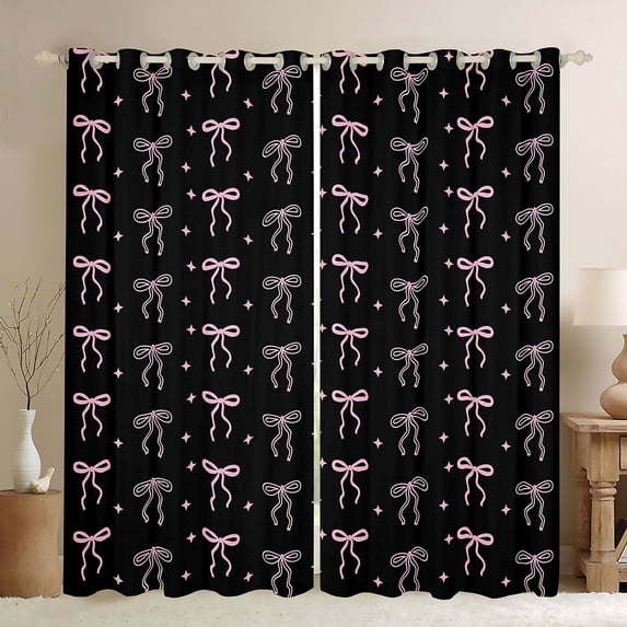 Erosebridal Cute Bows Bowtie Curtains Pack of 2 (42x84 Each) For Kids,Cartoon Bowknot Stars Pattern Curtains Blackout,Girls Lightpink Black