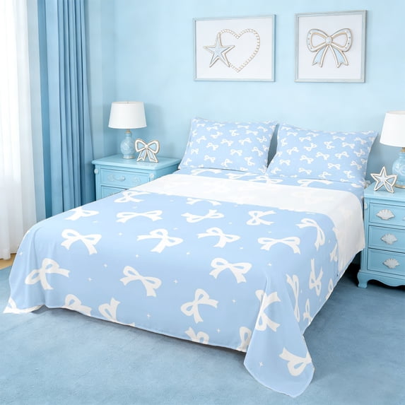 Erosebridal Cute Bowtie Bed Sheets,White Princess Bow Print King Sheets For Kids 4 Pieces