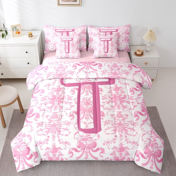 Erosebridal Cute Bowtie Bedding Sets Twin Size,Initial Letter T Comforter Sets with Sheets,Vintage Boho Floral Bed in a Bag Twin Size,Microfiber Bedroom Decoration Reversible,7-Piece