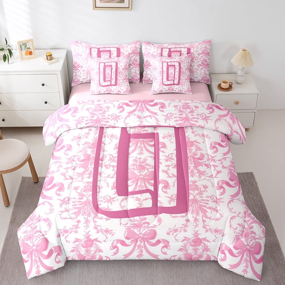 Erosebridal Cute Bowtie Bedding Twin Size,Initial Letter O Comforter Sets with Sheets,Vintage Boho Floral Bedding Sets Twin Size,Microfiber Bedroom Decoration Reversible,7pcs