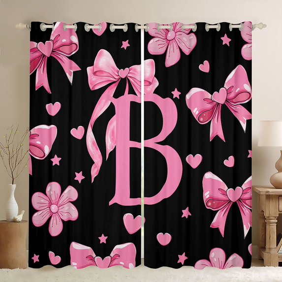 Erosebridal Cute Bowtie Letter B Blackout Curtains Set of 2 (52x84 Each),Pink Bowknot Kawaii Loves Pattern Window Curtains For Girls Kids