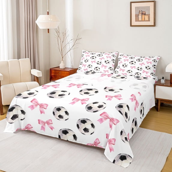 Erosebridal Cute Bowtie Queen Sheet Sets For Girl,Football Sport Games Ball Theme Kids Bed Set 4-Piece