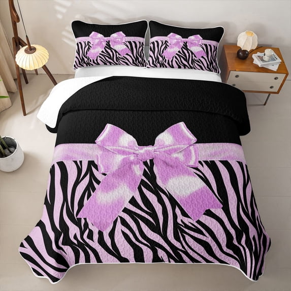 Erosebridal Cute Bowtie Quilt Full,Fashion Women Zebra Line Print Full Bedspread Sets For Girls Kids,3 Pieces