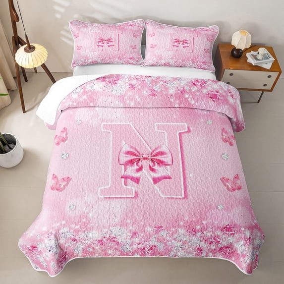 Erosebridal Cute Bowtie Quilt Full For Kids,Pink Butterfly Print Letter N Initial Monogram Full Bedspread Sets,3-Piece