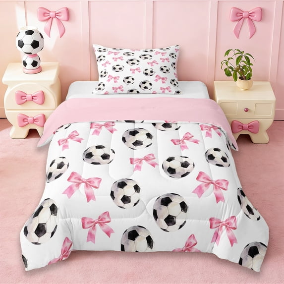 Erosebridal Cute Bowtie Twin Comforter Sets For Girl,Football Sport Games Ball Theme Kids Bedding Set,Reversible Pink 2 Pieces