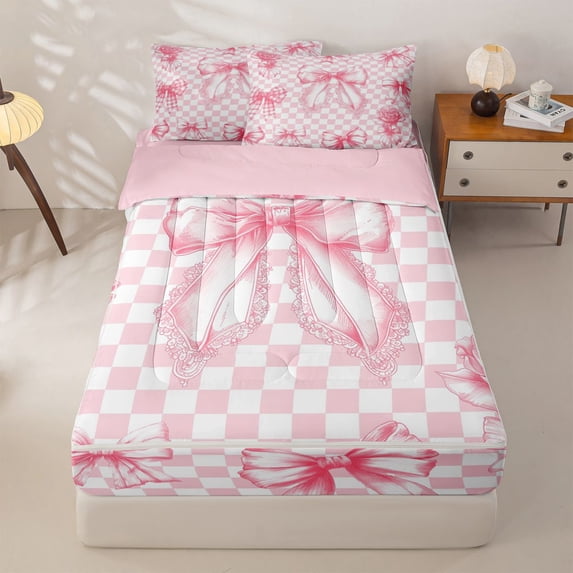 Erosebridal Cute Bowtie Zipper Twin Comforter Sets with Fitted Sheet and 2 Pillowcases for Girls, Pink Buffalo Checkered Zipper Bedding Set, Pink Reversible