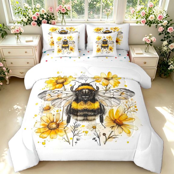 Erosebridal Cute Bug Bee 7 Pieces Full Size Bedding Sets,Kawaii Floral Full Size Bed in a Bag,White Black,Polkadot Reversible
