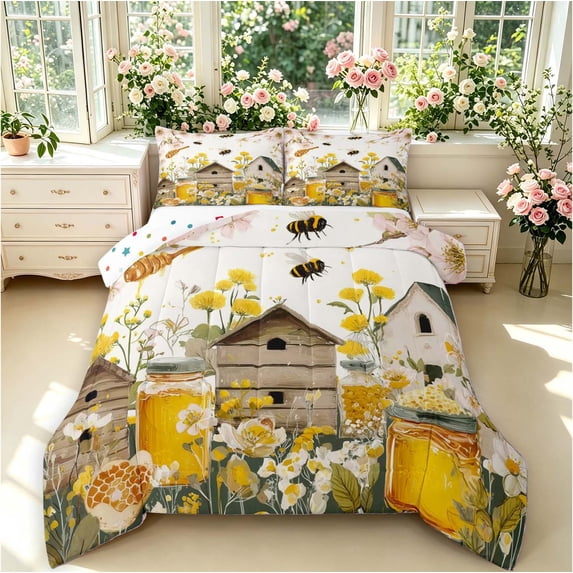 Erosebridal Cute Bug Bee Full Size Comforter Sets,Elegant Floral Bedding Comforter Set,White Brown,Polkadot Reversible,3pcs,1 Comforter and 2 Pillowcases