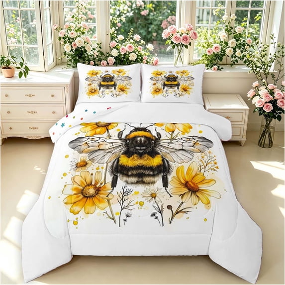 Erosebridal Cute Bug Bee Full Size Comforter Sets,Kawaii Floral Bedding Comforter Set,White Black,Polkadot Reversible,3pcs,1 Comforter and 2 Pillowcases