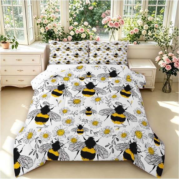 Erosebridal Cute Bug Bee King Size Comforter Sets,Transitional Sunflower Floral Comforters King Size,Black Silver,Reversible,3 Pieces,1 Comforter and 2 Pillowcases