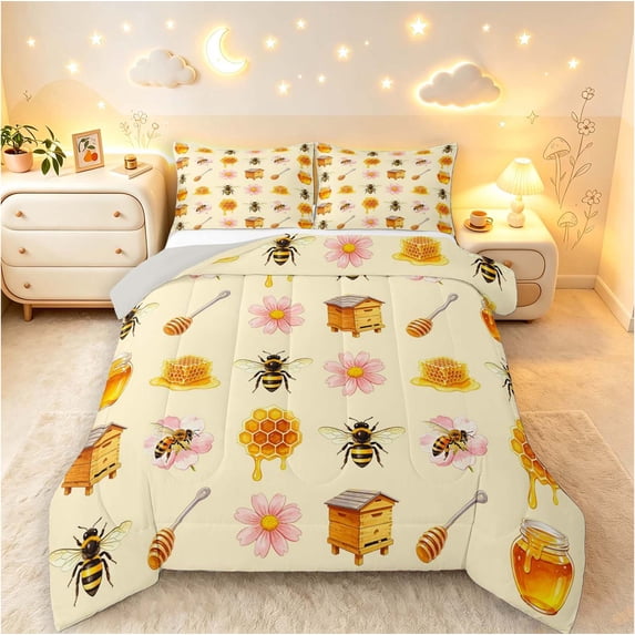 Erosebridal Cute Bug Bee Queen Comforter Set,Dreamy Floral Comforter Sets Queen,Cream Yellow,Light Gray Reversible,3-Piece,1 Comforter and 2 Pillowcases