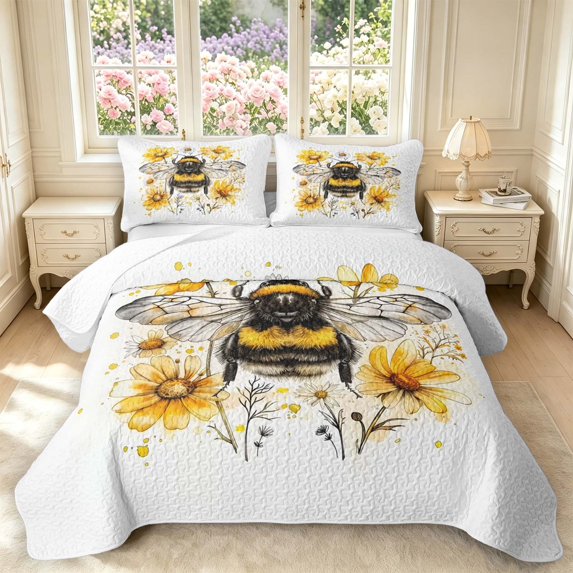 Erosebridal Cute Bug Bee Quilt King,Kawaii Floral King Coverlet Set,White Black,3 Pieces,1 Bedspread and 2 Pillowcases