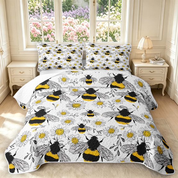 Erosebridal Cute Bug Bee Quilt King,Transitional Sunflower Floral King Coverlet Set,Black Silver,3 Pieces,1 Bedspread and 2 Pillowcases