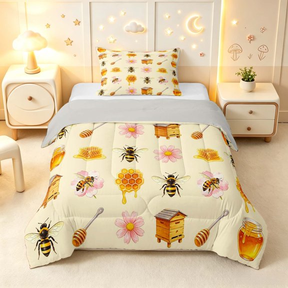 Erosebridal Cute Bug Bee Twin Comforter Sets,Dreamy Floral Bedding Set,Cream Yellow,Light Gray Reversible,2 Pieces,1 Comforter and 1 Pillowcase