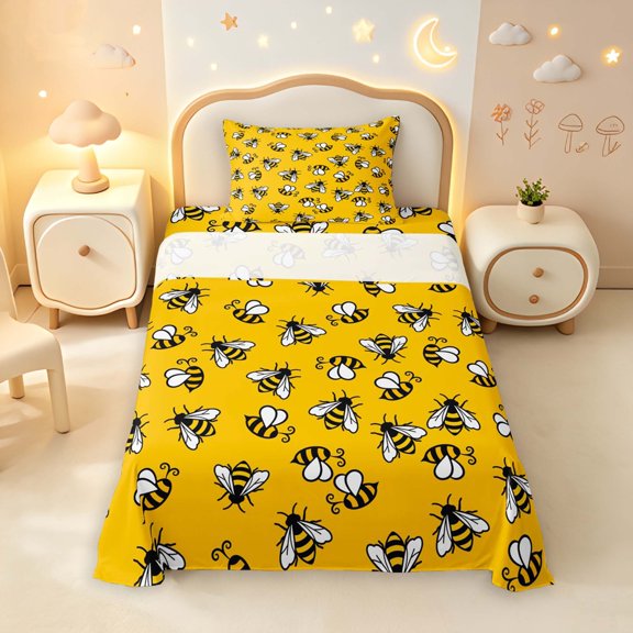 Erosebridal Cute Bug Bee Twin Sheets,Retro Theme Bedding,Yellow White,3 Pieces,1 Flat Sheet,1 Fitted Sheet and 1 Pillowcase