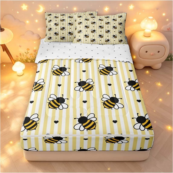 Erosebridal Cute Bug Bee Zipper Queen Comforter Set with Fitted Sheet and 2 Pillowcases,Cartoon Line Art Zipper Bedding Set,Beige Black,Reversible,4pcs