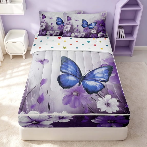 Erosebridal Cute Butterfly Zipper Full Size Comforter Sets with Fitted Sheet and 2 Pillowcases, Watercolor Daisy Flower Zipper Bedding Set, Polka Dots Reversible, Purple Blue, Polka Dots Reversible