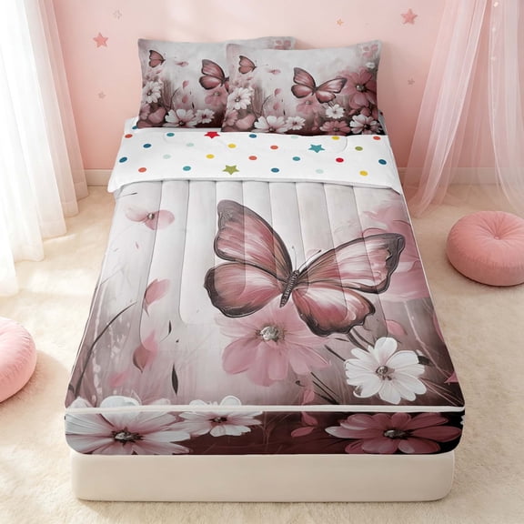 Erosebridal Cute Butterfly Zipper Full Size Comforter Sets with Fitted Sheet and 2 Pillowcases, Watercolor Wildlife Zipper Bedding Set, Polka Dots Reversible, Dusty Pink, Polka Dots Reversible