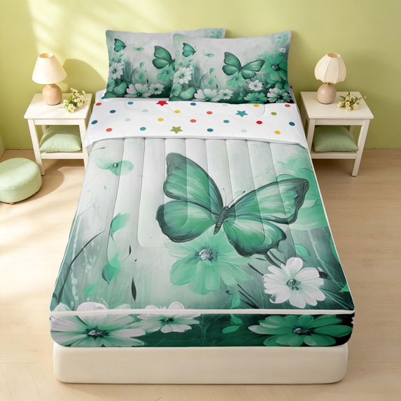 Erosebridal Cute Butterfly Zipper Queen Comforter Set with Fitted Sheet and 2 Pillowcases, Chic Blossom Zipper Bedding Set, Polka Dots Reversible, Emerald Green, Polka Dots Reversible
