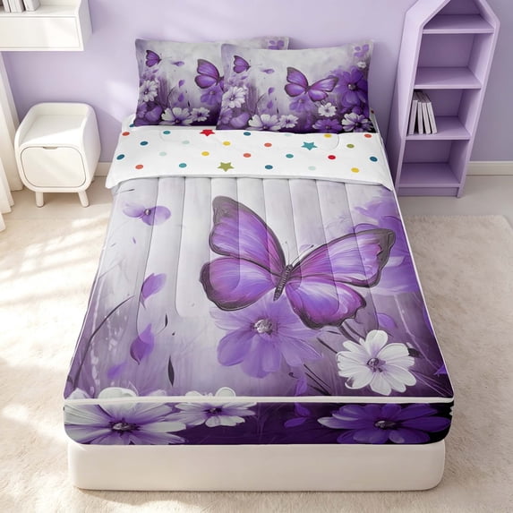 Erosebridal Cute Butterfly Zipper Queen Comforter Set with Fitted Sheet and 2 Pillowcases, Chic Flower Zipper Bedding Set, Polka Dots Reversible, Lavender Purple, Polka Dots Reversible
