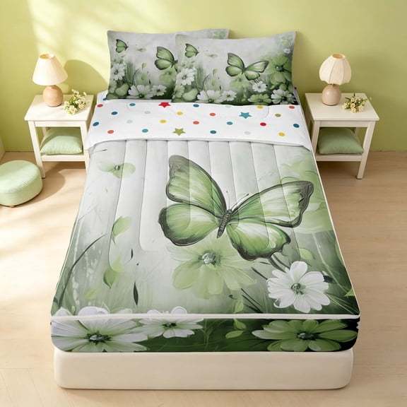 Erosebridal Cute Butterfly Zipper Twin Comforter Sets with Fitted Sheet and 2 Pillowcases, Watercolor Daisy Blossom Zipper Bedding Set, Polka Dots Reversible, Pale Sage Green, Polka Dots Reversible