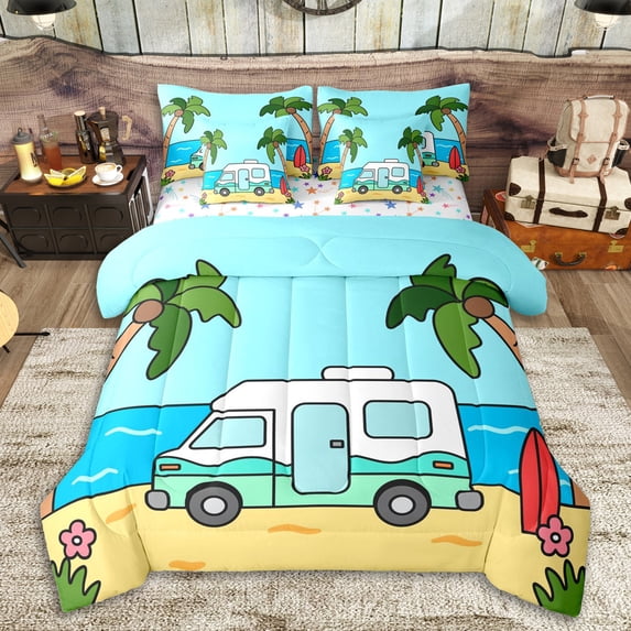 Erosebridal Cute Camping Car Bedding Comforter Set 7 Pieces for Teens,Kids Girls Boys Adventure Theme Full Bedding Set,Microfiber Bedroom Decor